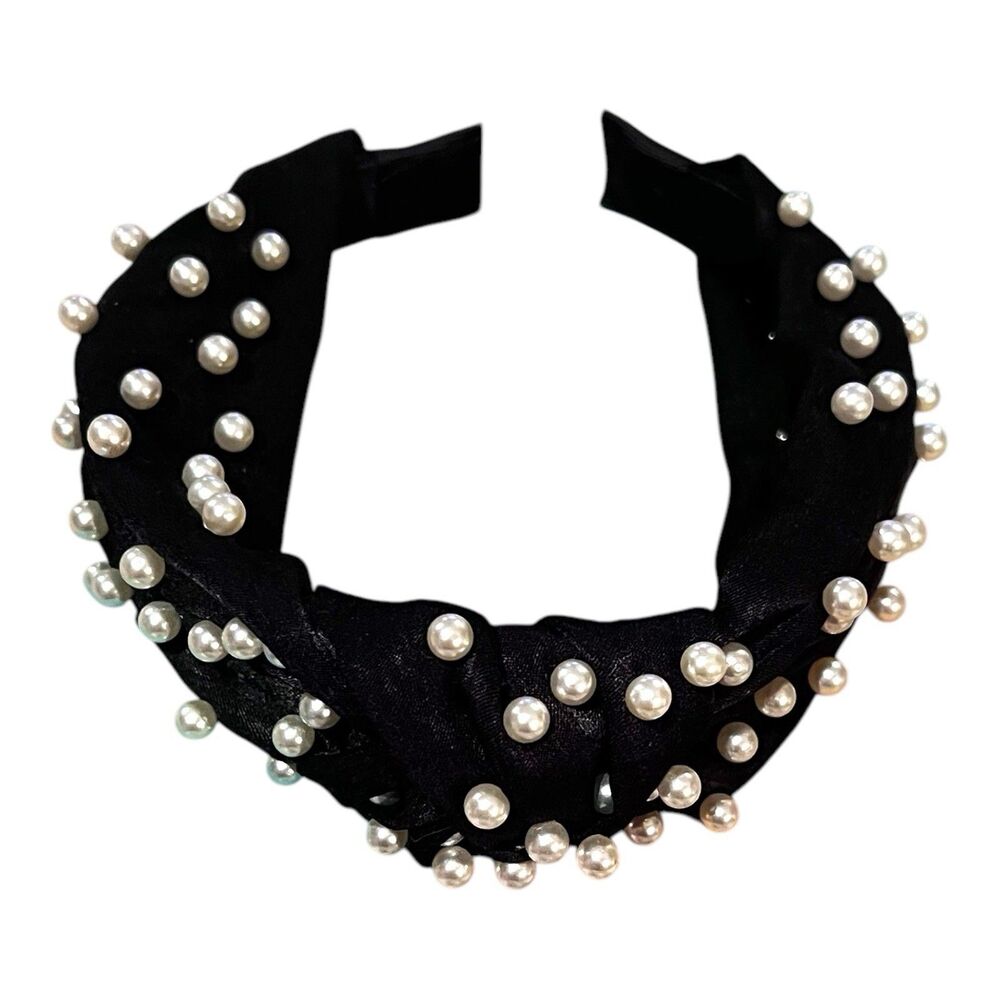 Black Elegant Top Knot Headband With Faux Pearls